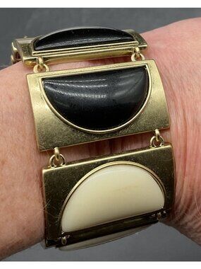 Jewelmint Gold-Tone Geometric Hinged Bracelet With Black & Cream Half-Moon Links
